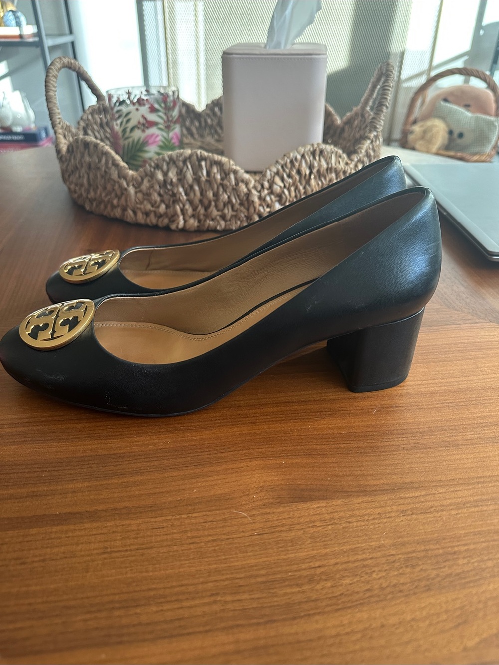 Tory Burch Black Leather Block Heels with Gold Logo - Picture 3 of 7